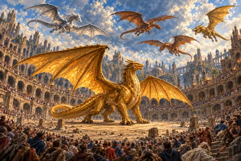 Aurix addresses the crowded coliseum while the Gleaming Tempest circles overhead.