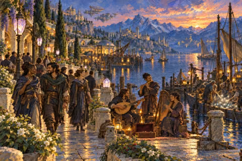 Evening on Valaria’s Luminous Quay, the city where Everhold was founded.