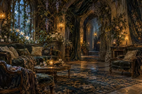 An empty lounge at the Sylvan Veil, with enchanted flowering vines, soft amber lamps, worn dark furnishings and a shadowed passage.