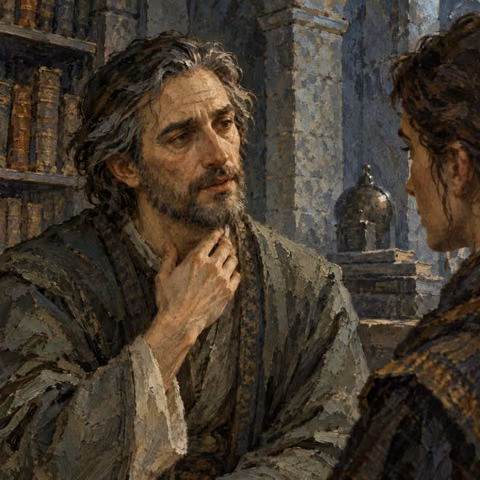 An adult touches their throat while speaking to another adult in a dim stone room.