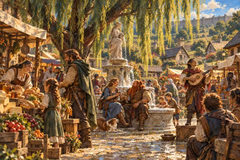 Hope Market Square, fountain and willow