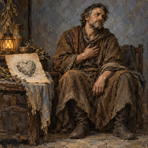 A fatigued seated adult rests a hand at the chest beside a conceptual drawing of a stone heart.