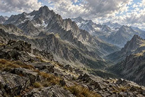 Rugged gray peaks rise above deep conifer valleys in the Blackstone Mountains.