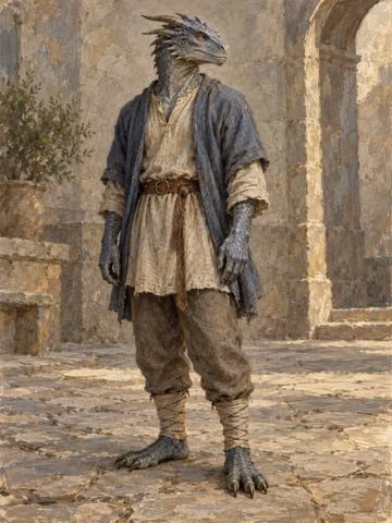 An unnamed adult Drakari with blue-grey scales, a draconic muzzle, horns and clawed feet stands in plain layered clothes in a neutral stone courtyard.