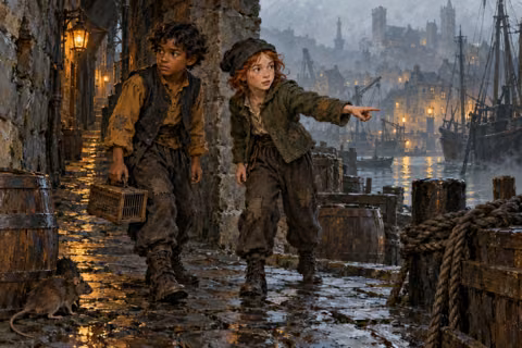 Tabby and Minx, two Rat Catcher children, on the fogbound docks of Tsaris Bay
