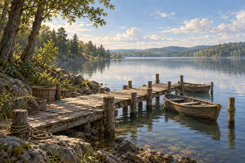 Simple wooden landing stages and rowboats on the wooded western shore of Raven Lake.