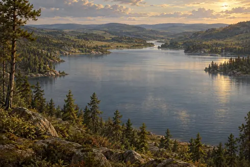Raven Lake stretches between wooded banks toward its river inlet.