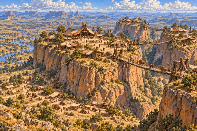 Ta’Cha’s inhabited bluffs and spanning bridges