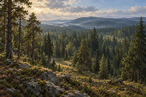 Sunlight over the rolling wooded country of Thu’valk Forest.