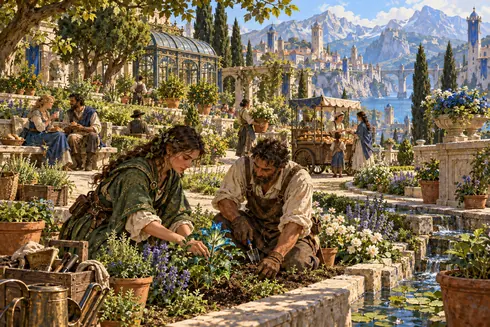 A druid and gardener tend a planted bed in the Verdant Ring while visitors rest along public paths.