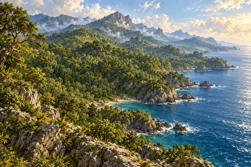 A forested Yel’Rix coastline rises toward its interior mountain ridges.