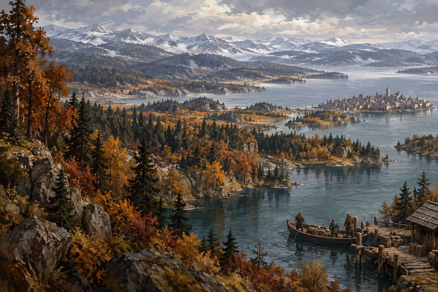 Forested shores and a distant city beneath the snow-covered mountains of Creslin.