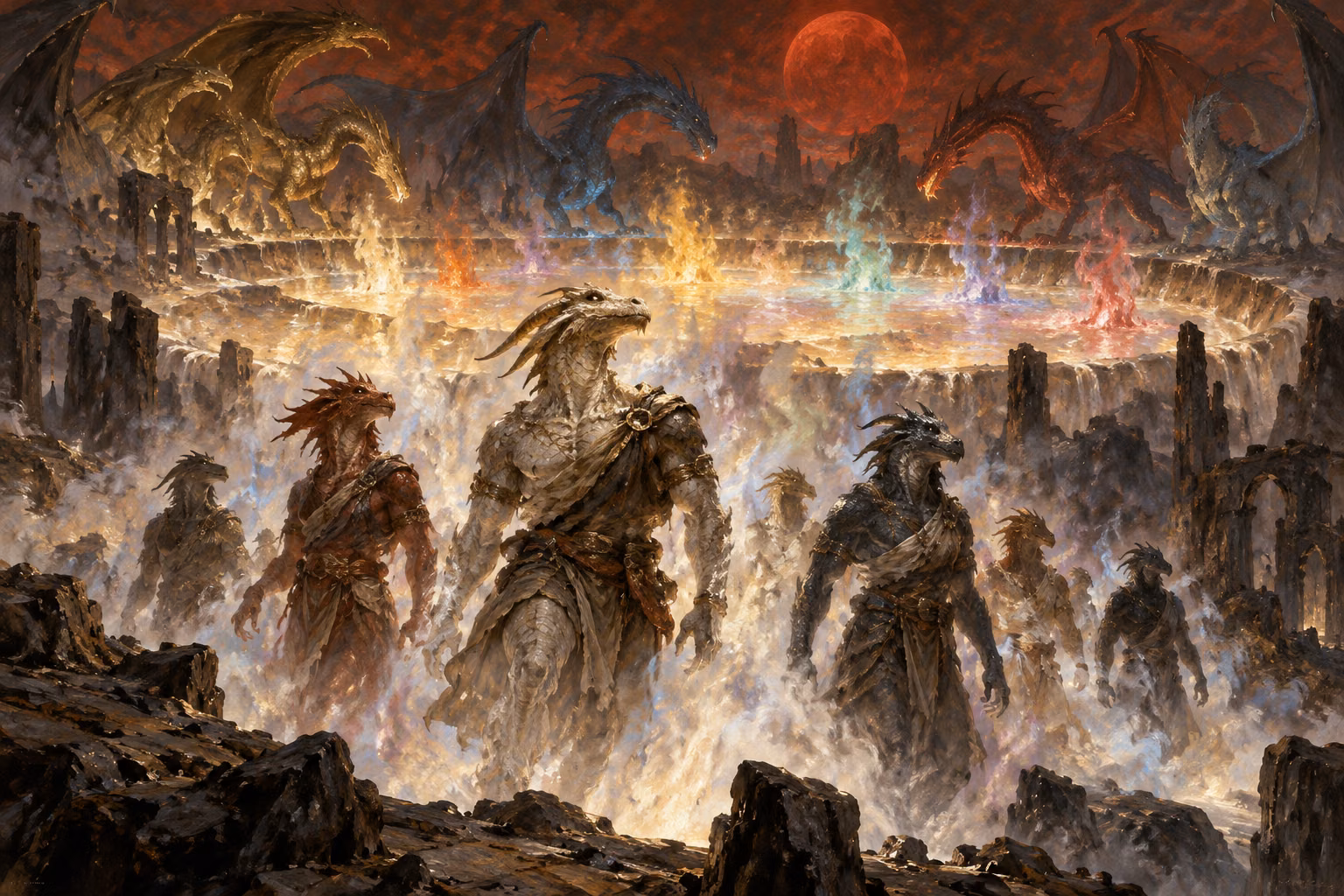 A visionary illustration of the Drakari creation myth: fully formed dragon-headed people emerge from multicolored crucible smoke beneath a blood moon and immense dragons.